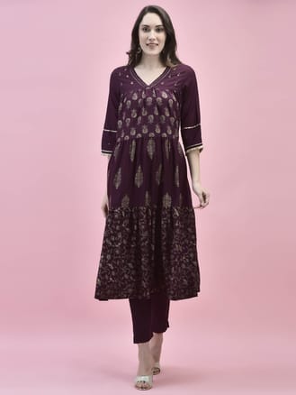 Women Poly Viscose Purple Printed Kurta With Trouser