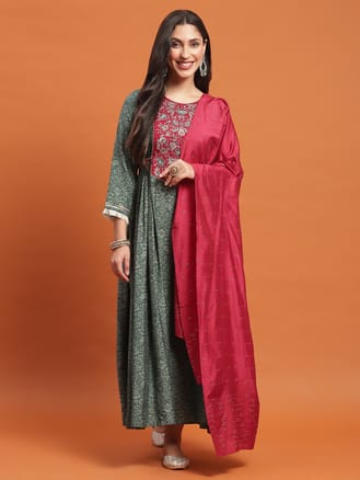 Women Muslin Green Embroidered Dress With Dupatta