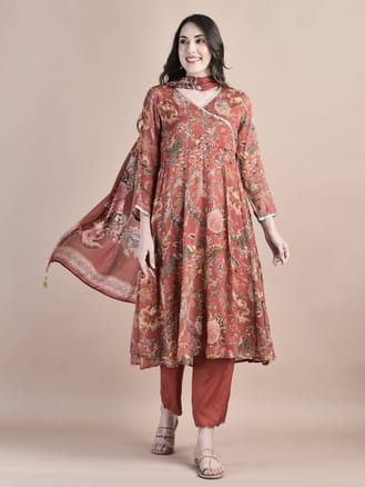 Women Chinon Red Floral Print Kurta Trouser Dupatta