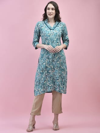 Women Liva Rayon Blue Floral Print Kurta