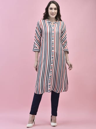 Women Liva Rayon White Stripe Print Kurta