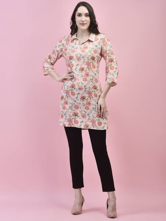 Women Liva Rayon Pink Floral Print Short Kurti