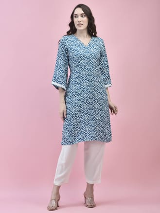 Women Liva Rayon Blue Floral Print Kurta