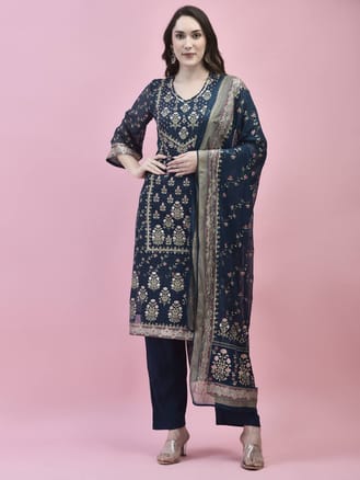 Women Georgette Blue Ornamental Print Kurta Comfort Pant Dupatta