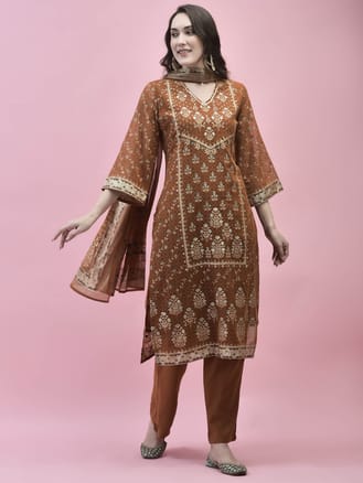 Women Georgette Rust Ornamental Print Kurta Comfort Pant Dupatta