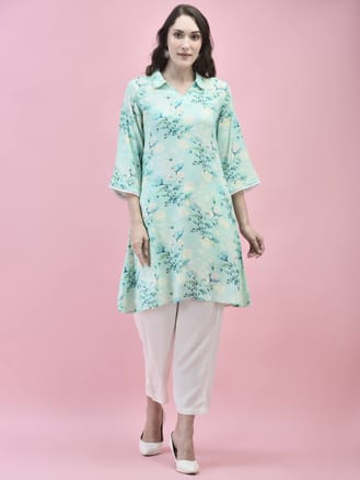 Women Liva Rayon Blue Floral Print Kurta