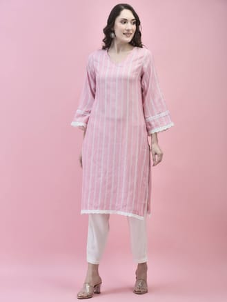 Women Liva Rayon Pink Stripe Print Kurta