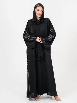 Women Black White Flower Abaya