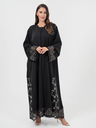 Women Black Transparent Flower Abaya