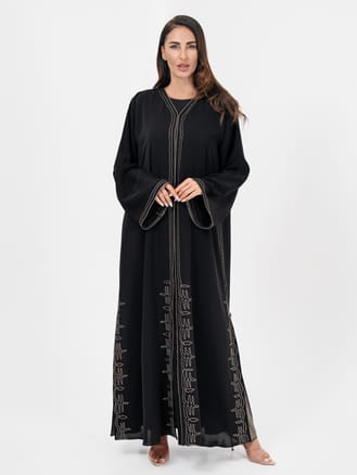 Women Black Beige Strip Flower Abaya