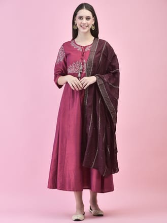 Women Poly Silk Burgundy Embroidered Dress With Dupatta