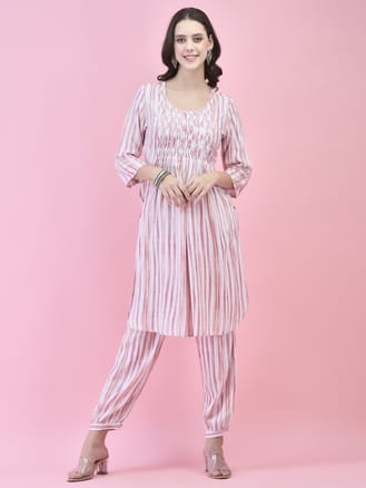 Women Liva Rayon Red Stripe Print Kurta With Harem Pant