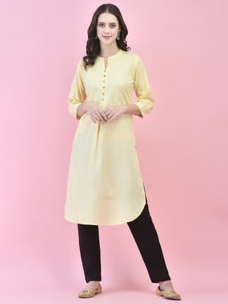 Women Cotton Yellow Solid Kurta