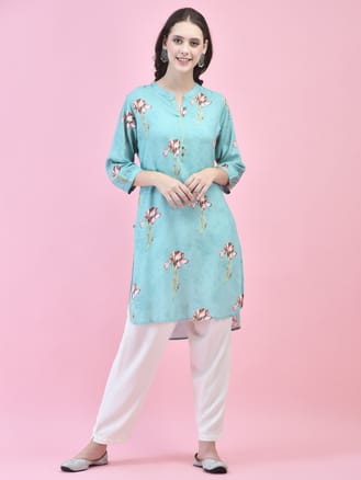 Women Liva Rayon Blue Floral Print Kurti