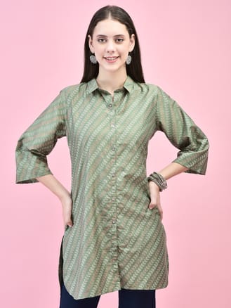 Women Polyester Green Geometric Print Short Kurti