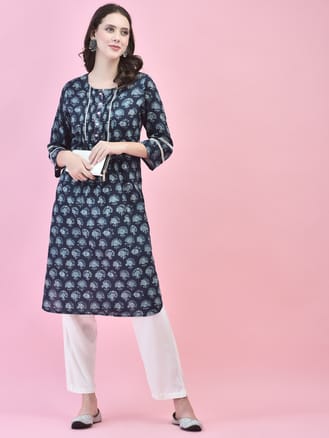 Women Cotton Indigo Floral Print Kurta