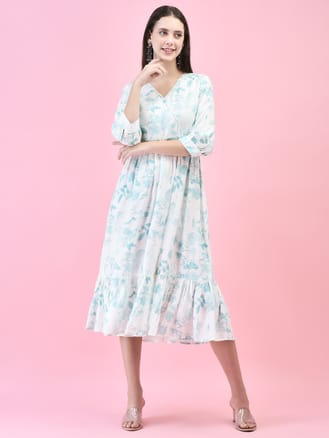 Women Liva Rayon Off White Tropical Print Dress