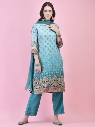 Women Jacquard Blue Ornamental Print Kurta Comfort Pant Dupatta