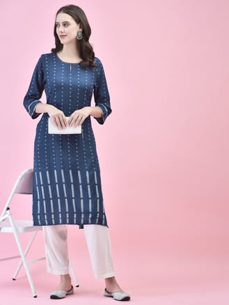 Women Liva Rayon Navy Blue Geometric Print Kurta