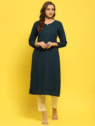 Women Liva Rayon Blue Schiffli Embroidered Kurta