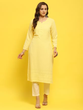 Women Liva Rayon Yellow Schiffli Embroidered Kurta