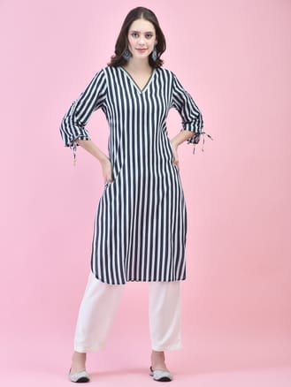 Women Cotton Indigo Stripe Print Kurta