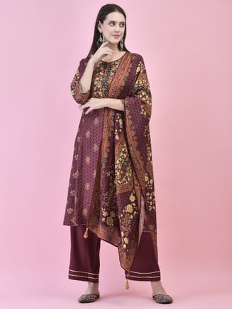 Women Poly Viscose Purple Floral Print Kurta Trouser Dupatta