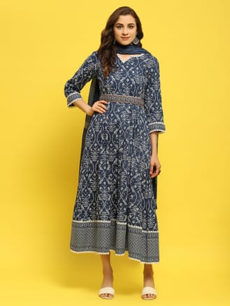 Women Liva Rayon Indigo Floral Print Dress With Dupatta