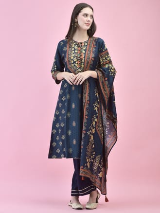 Women Poly Viscose Blue Floral Print Kurta Trouser Dupatta