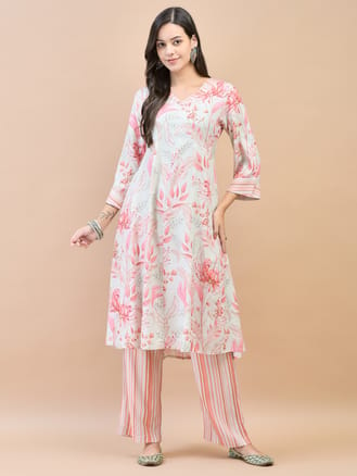 Women Liva Rayon Green Floral Print Kurta With Comfort Pant