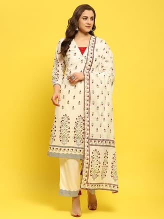 Women Cotton White Floral Print Kurta Comfort Pant Dupatta