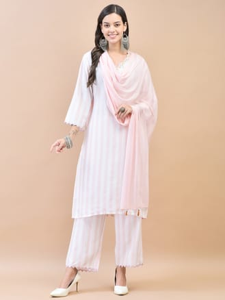 Women Poly Viscose Pink Embroidered Kurta Comfort Pant Dupatta