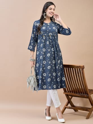 Women Liva Rayon Indigo Floral Print Kurta