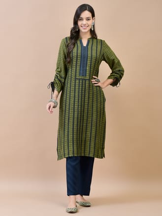 Women Liva Rayon Olive Printed Kurta