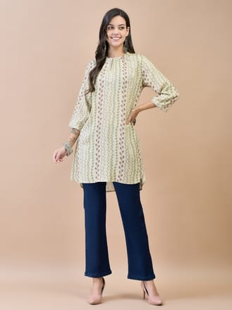 Women Liva Rayon Olive Floral Print Tunic