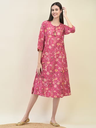 Women Viscose Pink Floral Print Dress