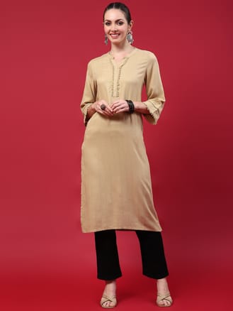 Women Poly Viscose Beige Solid Kurta