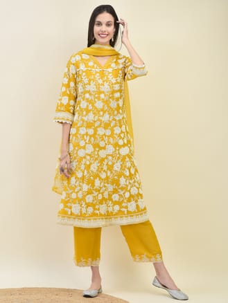 Women Poly Viscose Mustard Floral Print Kurta Comfort Pant Dupatta