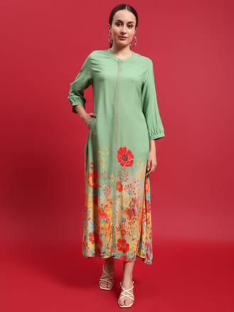 Women Liva Rayon Green Floral Print Dress