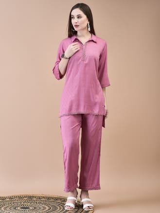 Women Poly Viscose Pink Solid Co-Ord Set