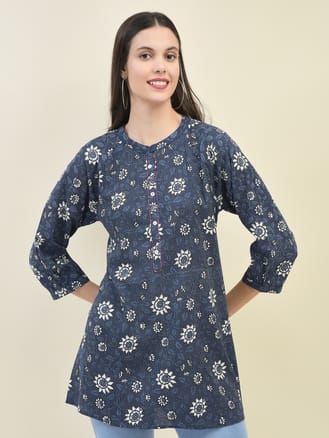 Women Liva Rayon Indigo Floral Print Tunic