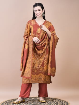 Women Liva Rayon Rust Paisley Print Kurta Comfort Pant Dupatta