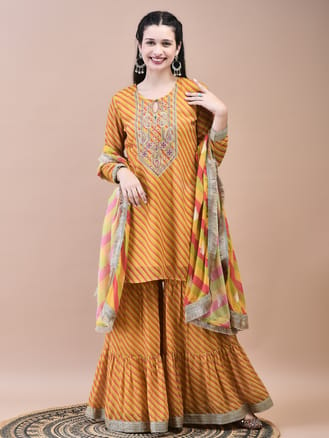 Women Georgette Mustard Embroidered Kurta Comfort Pant Dupatta