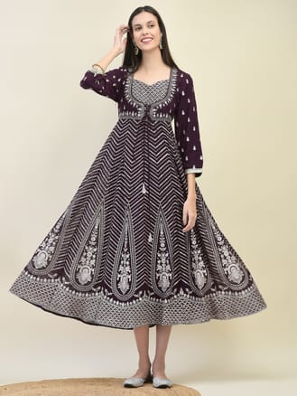 Women Georgette Purple Embroidered Dress