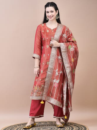 Women Jacquard Red Woven Kurta Comfort Pant Dupatta