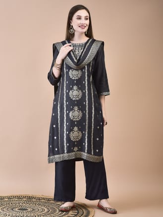 Women Jacquard Grey Woven Kurta Comfort Pant Dupatta