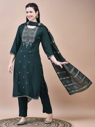 Women Liva Rayon Green Embroidered Kurta Comfort Pant Dupatta