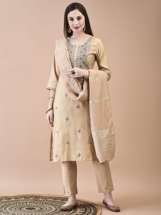 Women Chanderi Cream Embroidered Kurta Comfort Pant Dupatta