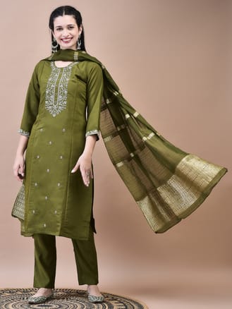 Women Chanderi Olive Embroidered Kurta Comfort Pant Dupatta