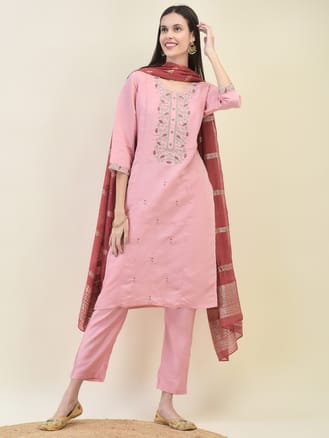 Women Chanderi Pink Embroidered Kurta Comfort Pant Dupatta